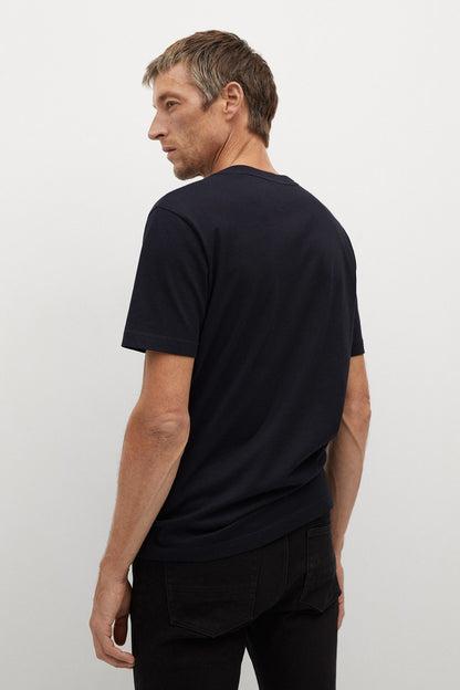 Black V-neck short-sleeve T-shirt shown from the side