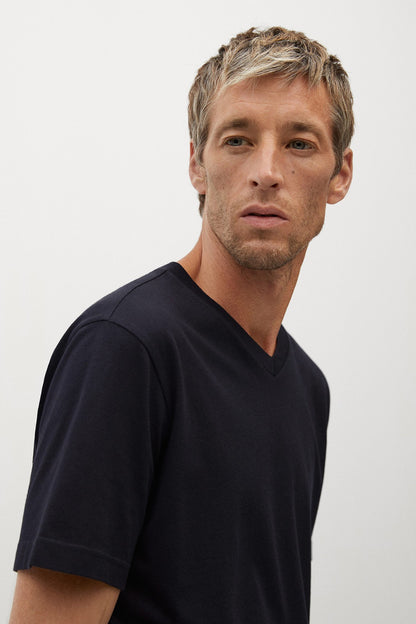 Black V-neck short-sleeve T-shirt with soft drape