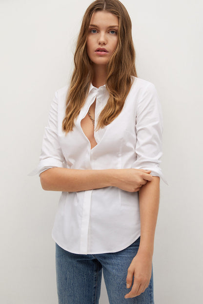Off-white button-up blouse shirt with collar and front placket