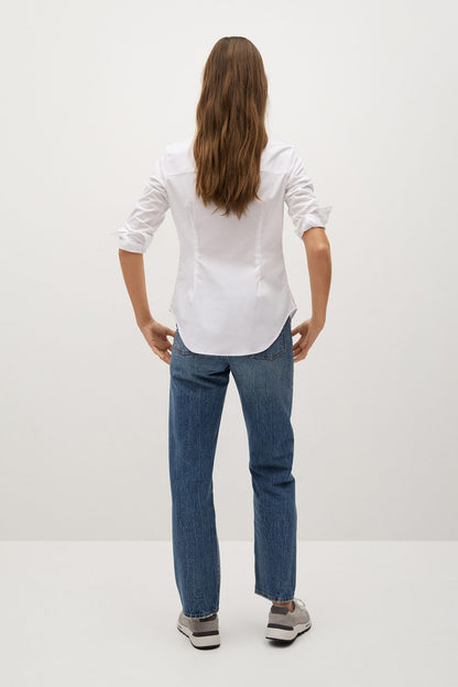 Off-white button-up blouse shirt viewed from back, gathered cuffs