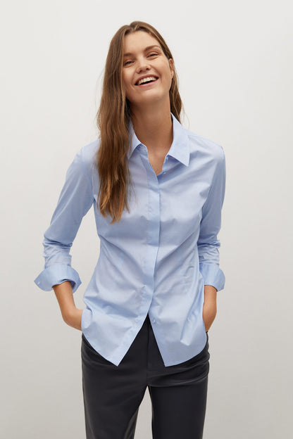 MANGO sky blue button-up shirt, collared front, rolled cuffs