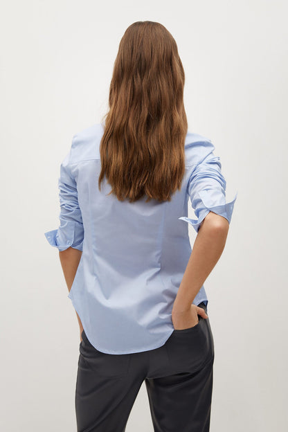 MANGO sky blue button-up shirt, long sleeves, back view