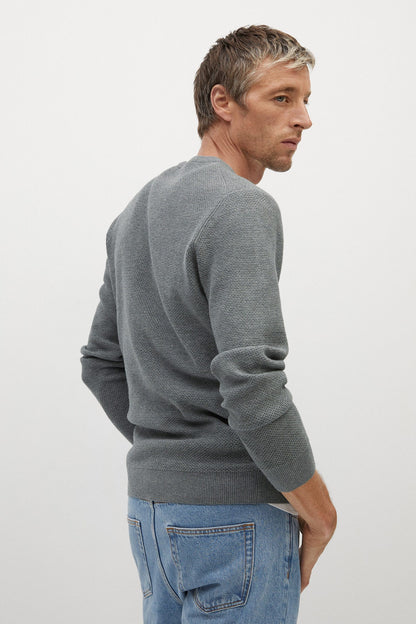 MANGO grey crewneck sweater, side view, ribbed cuffs and hem