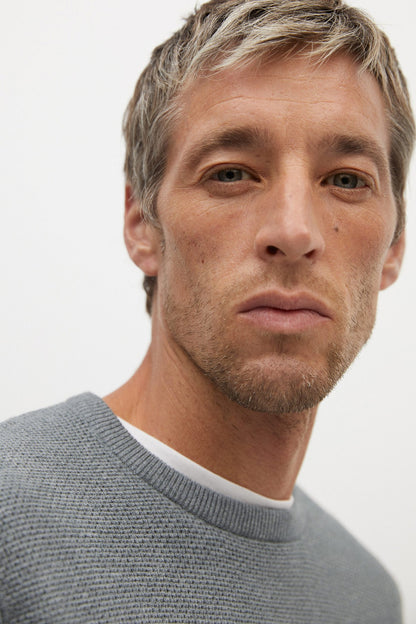 MANGO grey crewneck sweater close-up, knit texture and ribbed collar