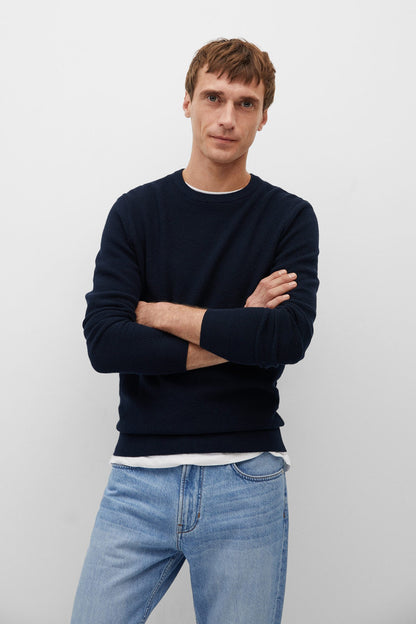 MANGO navy crewneck sweater with ribbed cuffs and hem