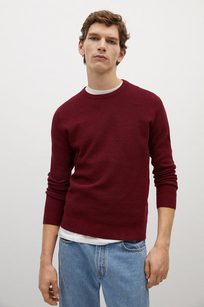 Men's red knit crewneck sweater, ribbed collar and cuffs