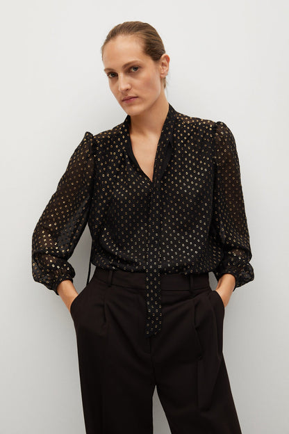 MANGO black printed blouse with V-neck, long puff sleeves, and button cuffs