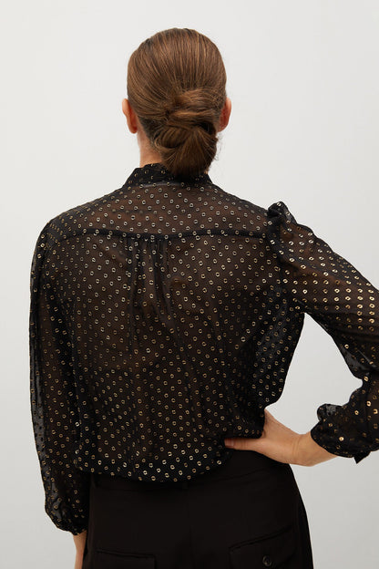 MANGO black printed blouse, back view with keyhole neckline and long puff sleeves
