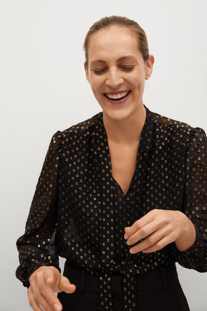 MANGO black patterned blouse with V-neck and long sleeves, front detail