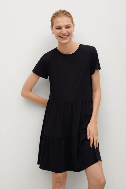 MANGO black tiered short-sleeve dress with round neckline