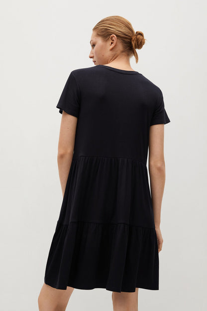 MANGO black tiered short-sleeve dress, back view