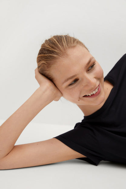 MANGO black tiered dress with short sleeves and round neckline