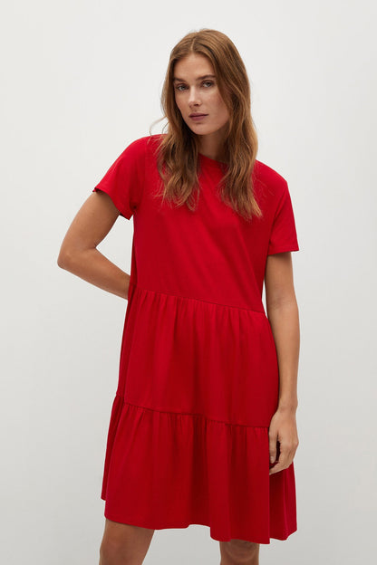 Red short-sleeve tiered mini dress with rounded neckline