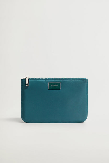 Petrol blue zip pouch with top zipper and MANGO logo patch