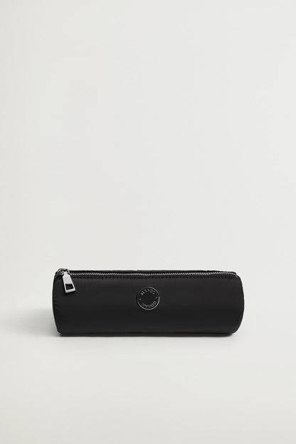 Black zip pencil pouch with metal zipper pull and round logo patch