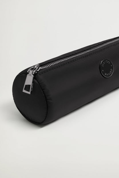 Black zip pencil pouch, angled view, metal zipper pull and round logo patch