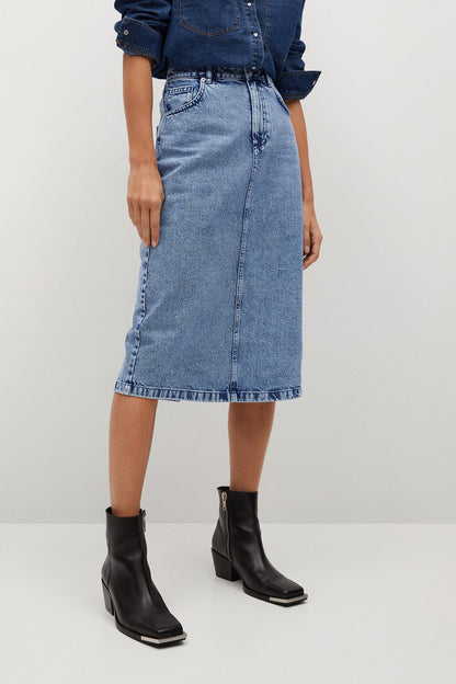 Medium blue denim midi skirt with front seam and side pockets