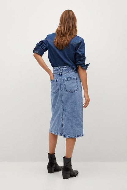 Medium blue denim midi skirt with back yoke and two back pockets