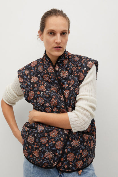 Navy floral quilted vest with zip front and stand collar, sleeveless