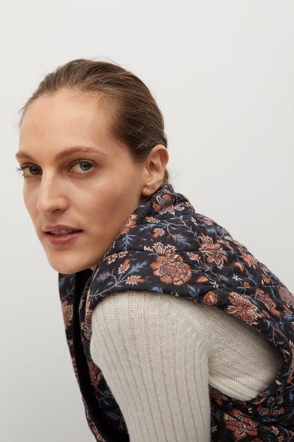 Navy floral vest close-up with stand collar and knitted sleeve cuffs