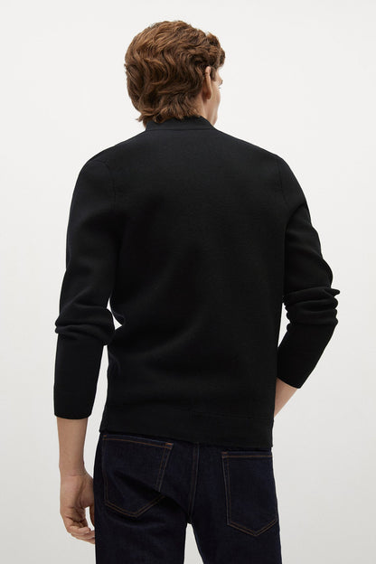 Black zip-up jacket back view, stand collar, long sleeves