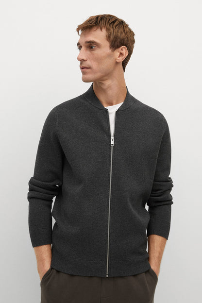 Dark heather grey zip-up knit jacket with stand collar and ribbed cuffs