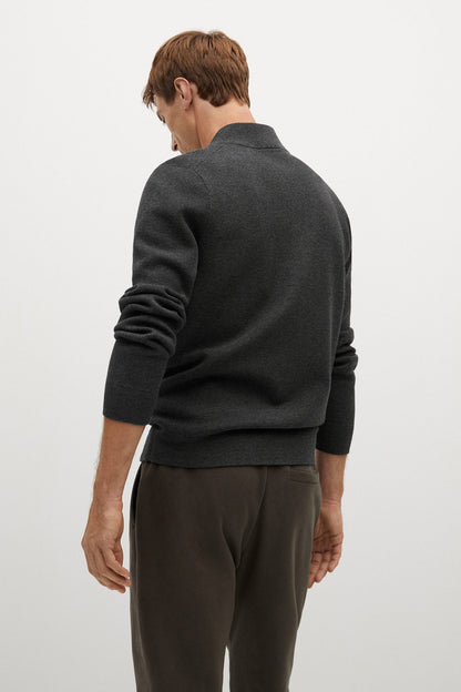 Dark heather grey zip-up knit jacket back view with ribbed hem and cuffs