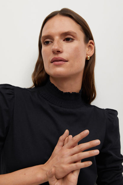 Black knit turtleneck top with ruffled collar and puffed shoulders