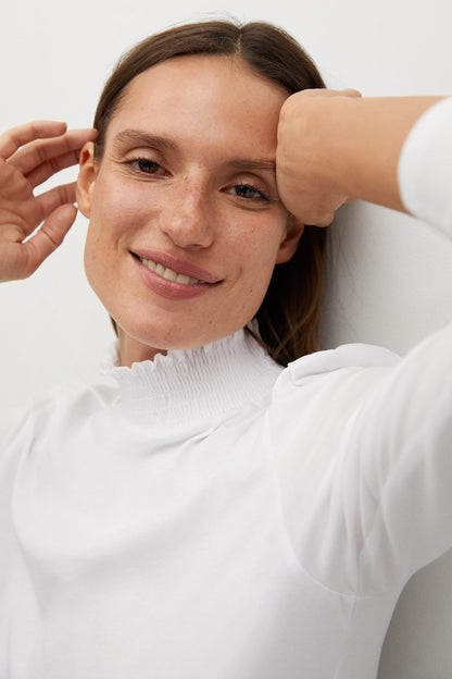 White ribbed turtleneck sweater neckline close-up