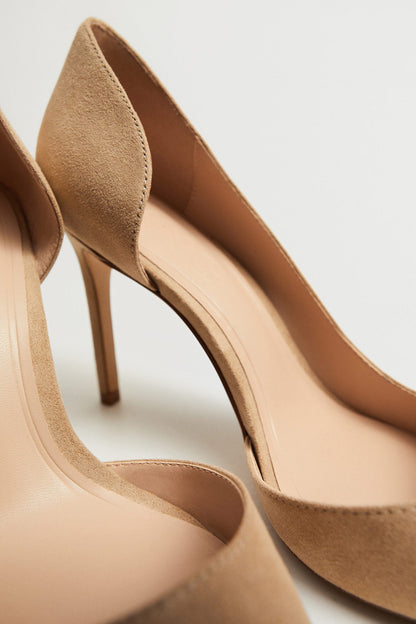 MANGO sand suede pointed-toe stiletto heel pump, close-up of upper and insole