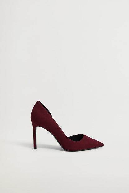 Wine pointed-toe stiletto heel shoe, side view with slim high heel