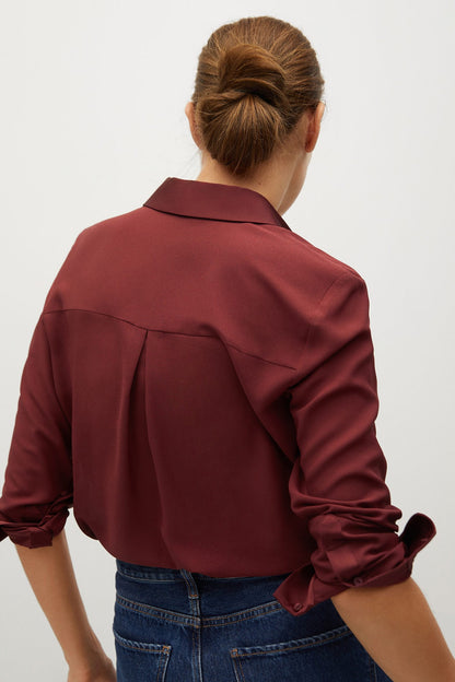Burgundy button-up shirt back view with yoke seam and long sleeves