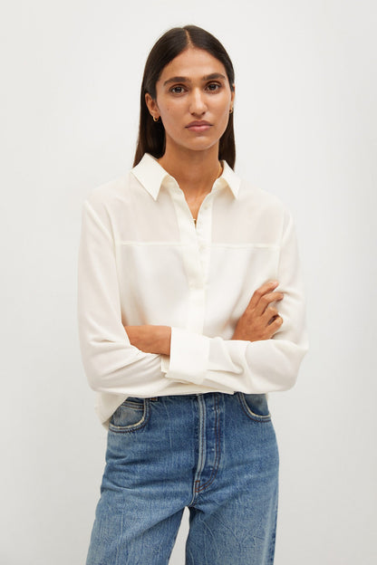 Ecru long-sleeve button-up shirt with classic collar and front placket