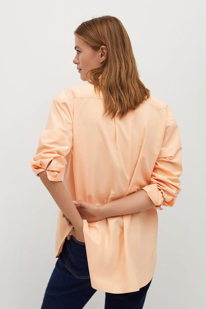 Coral button-up shirt back view with gathered cuffs and yoke seam