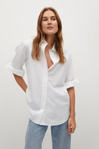 MANGO white button-up shirt with spread collar and cuffed sleeves
