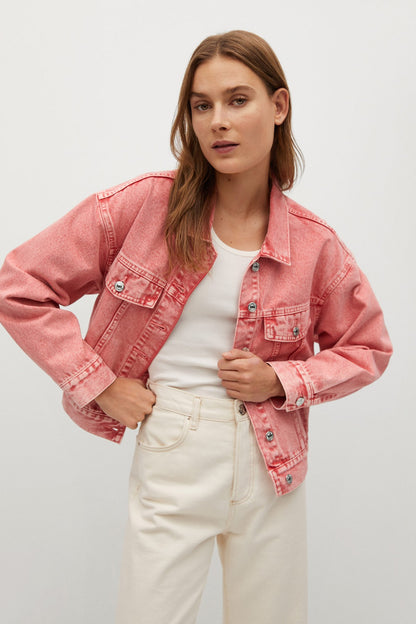 MANGO pink denim jacket with button front and chest pockets