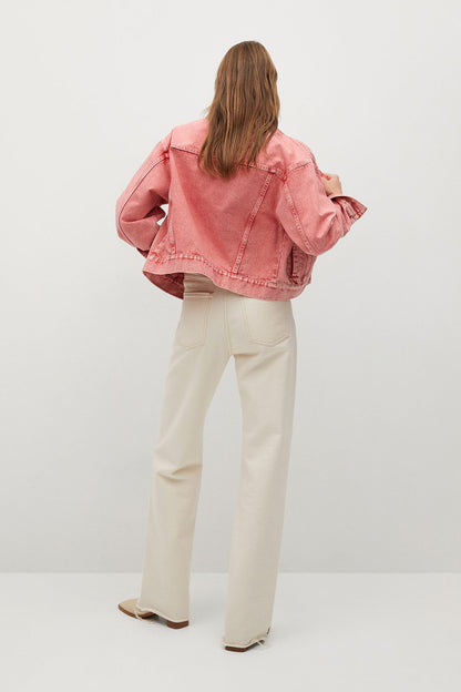 MANGO pink denim jacket back view with dropped shoulders and long sleeves