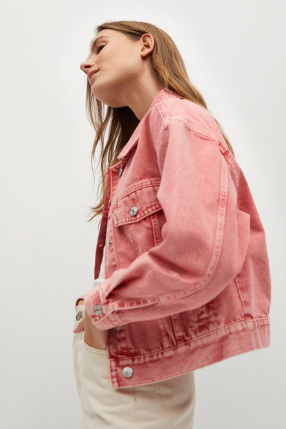 MANGO pink denim jacket with metal buttons, chest yoke and long sleeves