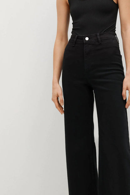 Black high-waist wide-leg jeans with button fly and belt loops