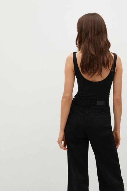 Black high-waist wide-leg jeans, back view with button and belt loops
