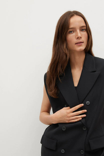 Black sleeveless double-breasted vest with notch lapels and button front