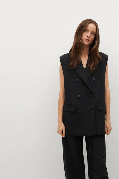 Black sleeveless double-breasted vest with four-button front and chest pocket