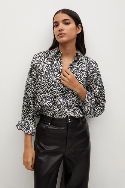 MANGO ecru-and-black patterned button-up blouse with long sleeves