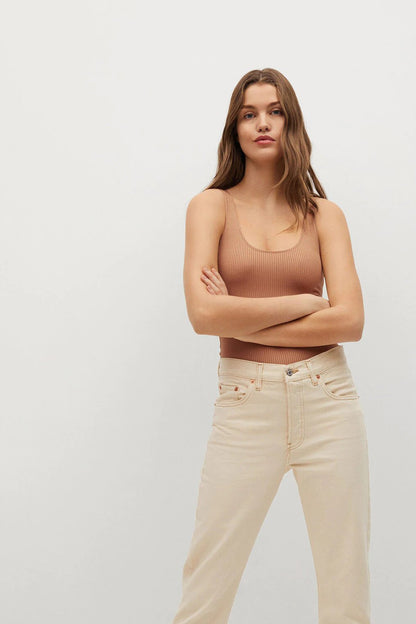 Camel ribbed knit camisole with scoop neck, sleeveless, and straight hem