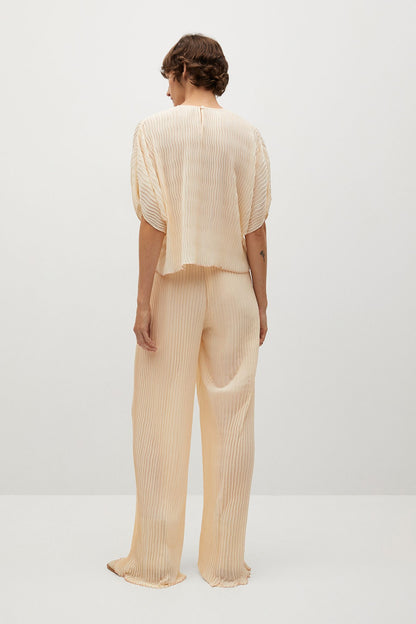 Off-white striped wide-leg pants, back view with elastic waist and ankle length
