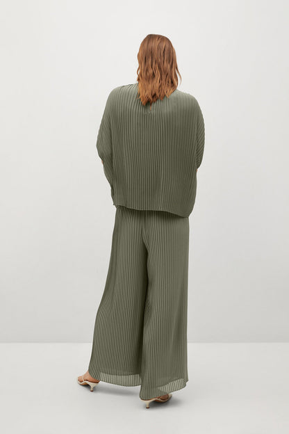 MANGO olive pleated wide-leg trousers and draped top, back view