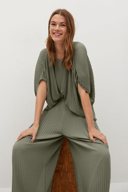 MANGO olive pleated draped top and matching wide-leg trousers