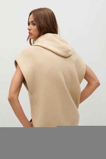 Sand sleeveless hoodie back view with hooded neckline and drawstring ties