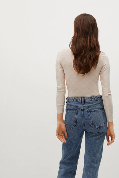 Ecru long-sleeve crew-neck top, back view