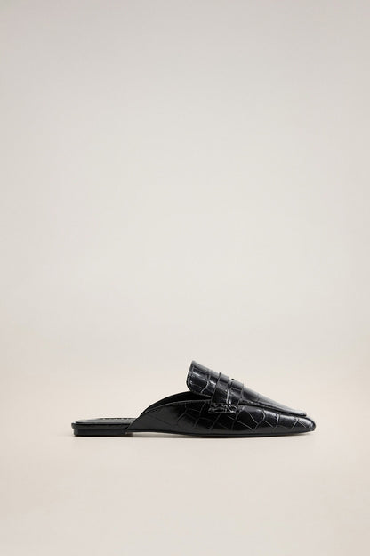 Black croc-embossed slide sandal with pointed toe and flat sole